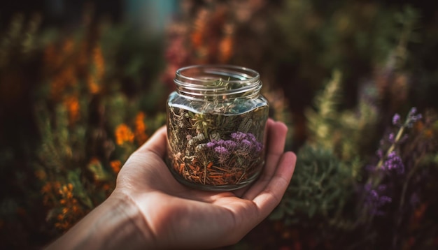 Un vaso di fiori in mano