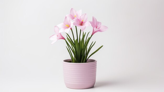 un vaso di fiori rosa con una pianta verde dentro