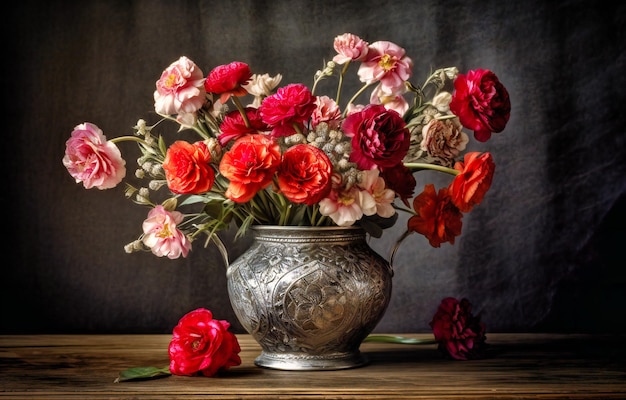 un vaso di fiori rosa e rossi su legno