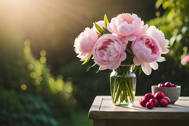 Un vaso di fiori rosa si trova su un tavolo in giardino.