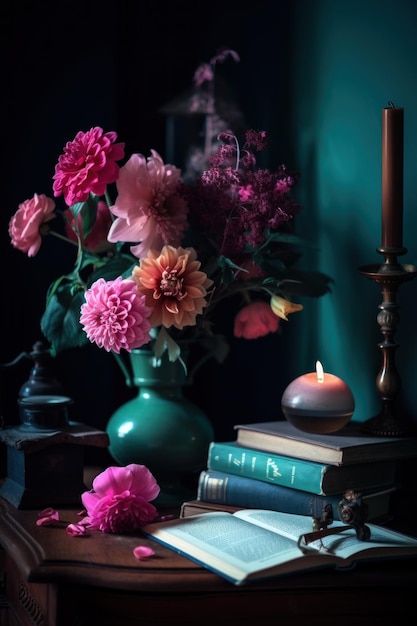 Un vaso di fiori seduto sopra un tavolo Immagine generativa AI