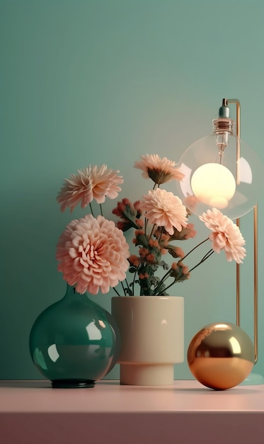 Un vaso di fiori si trova su un tavolo accanto a una palla d'oro.