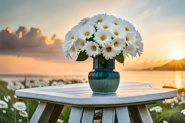 Un vaso di fiori si trova su un tavolo di fronte a un lago con un tramonto sullo sfondo.