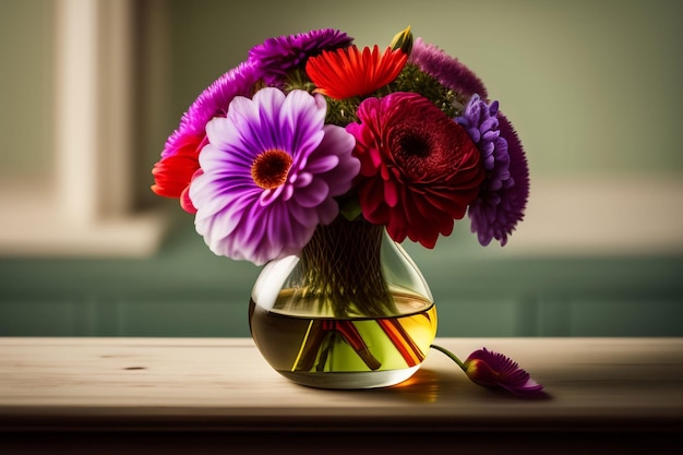 Un vaso di fiori su un tavolo con sopra un fiore