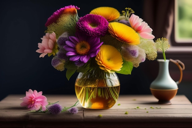 Un vaso di fiori su un tavolo con sopra un vaso di fiori.