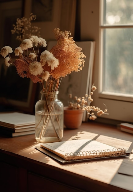 Un vaso di fiori su un tavolo con un libro e un libro sul tavolo.