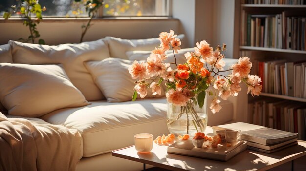 un vaso di fiori su un tavolo con un vaso de fiori.