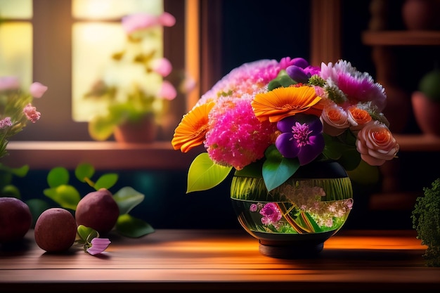 Un vaso di fiori su un tavolo con una finestra alle spalle