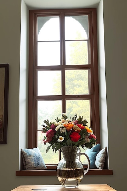 Un vaso di fiori vicino alla grande finestra in una giornata buia