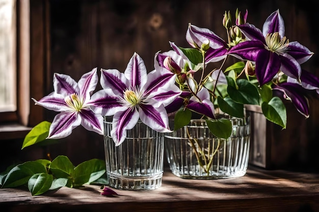 Un vaso di fiori viola su un tavolo con una finestra dietro di loro.