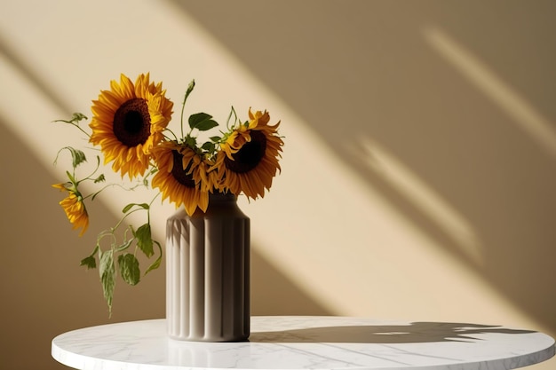 Un vaso di girasoli è su un tavolo con dietro una parete di colore chiaro.