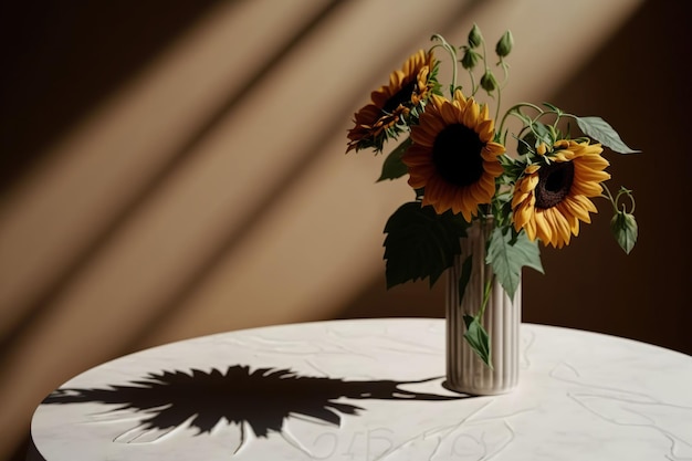 Un vaso di girasoli è su un tavolo con sopra l'ombra del sole.