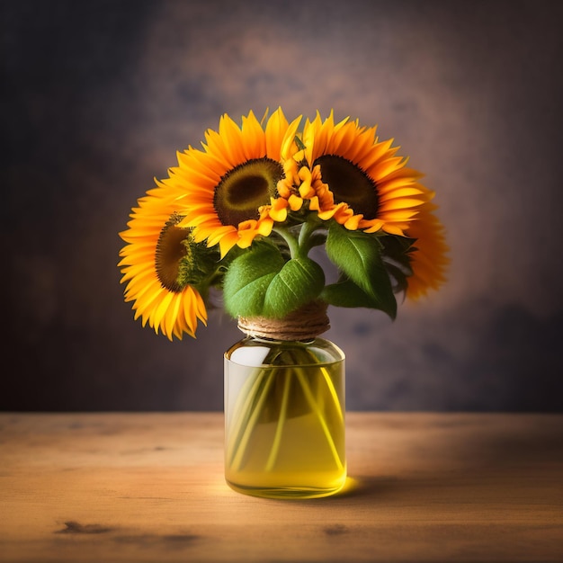 Un vaso di girasoli è su un tavolo di legno.