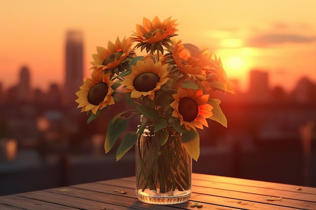 Un vaso di girasoli si trova su un tavolo con lo skyline della città sullo sfondo.