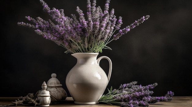 Un vaso di lavanda si trova su un tavolo con poche altre spezie.