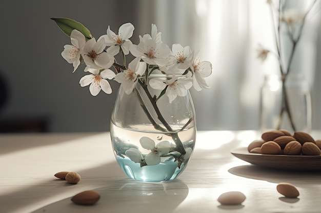 Un vaso di mandorle si trova su un tavolo con mandorle e noci.
