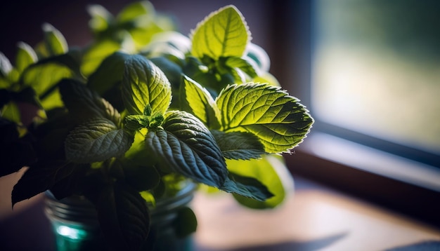 Un vaso di menta si trova su un tavolo davanti a una finestra.