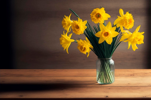 Un vaso di narcisi gialli si trova su un tavolo di legno.