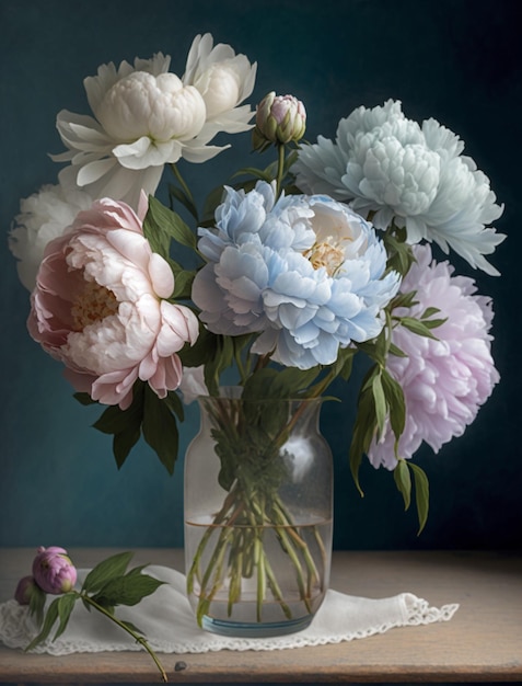 Un vaso di peonie e altri fiori è su un tavolo.