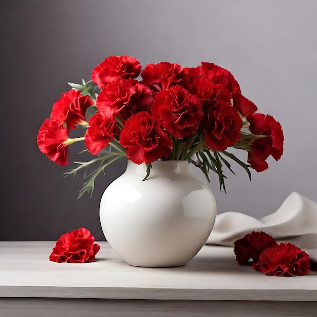 Un vaso di porcellana bianca con un mazzo di garofani rossi freschi sul tavolo AI
