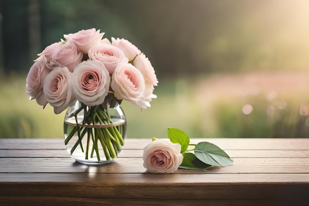 Un vaso di rose con un lago sullo sfondo.