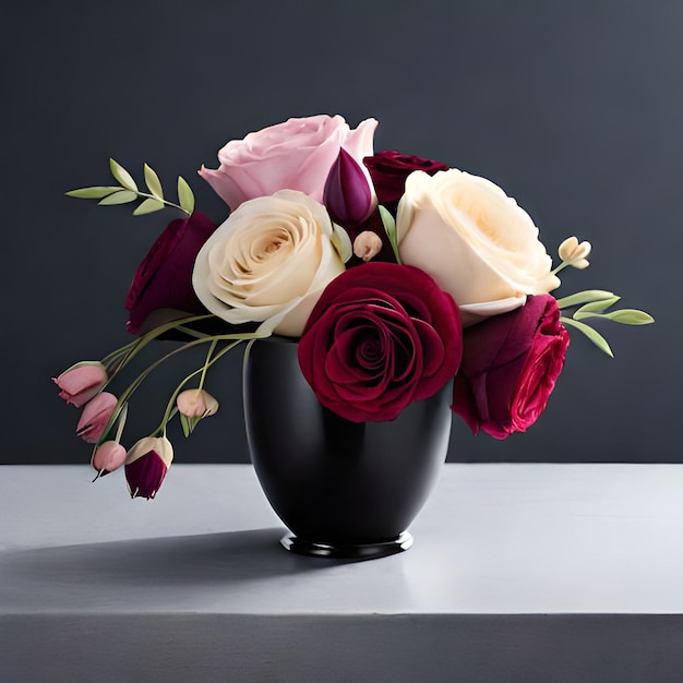 Un vaso di rose e rose è su un tavolo.