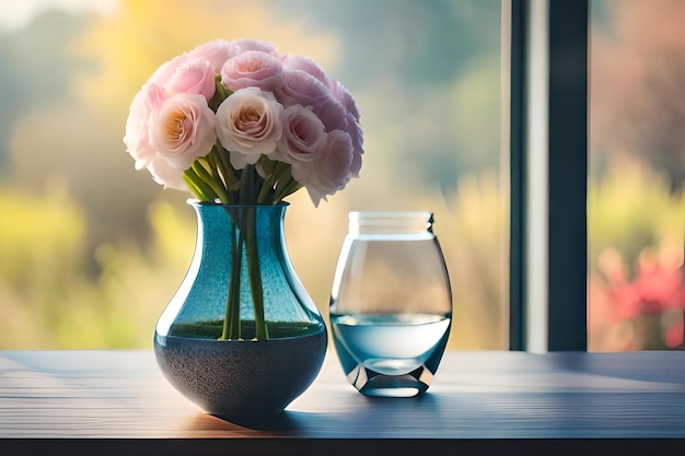 Un vaso di rose rosa e un vaso con acqua davanti.