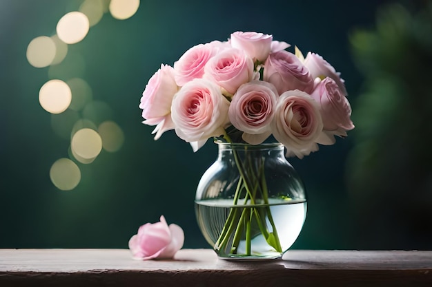un vaso di rose rosa su uno sfondo verde con uno sfondo sfocato