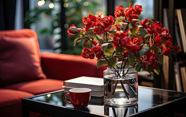 Un vaso di rose rosse con un libro bianco sul tavolo