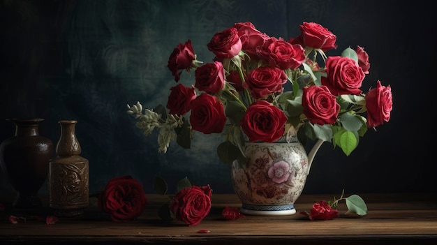 Un vaso di rose rosse è su un tavolo con uno sfondo scuro.