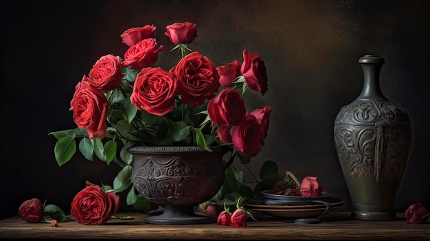 Un vaso di rose rosse si trova su un tavolo con un vaso nero.