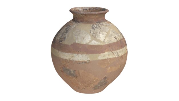 Un vaso di terracotta con uno sfondo bianco e una striscia marrone.