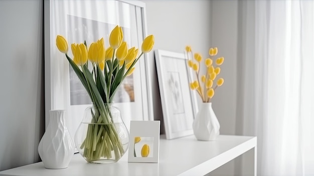 Un vaso di tulipani gialli si trova su un tavolo davanti a una finestra.