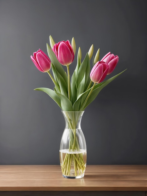 Un vaso di tulipani rosa è su un tavolo con acqua.