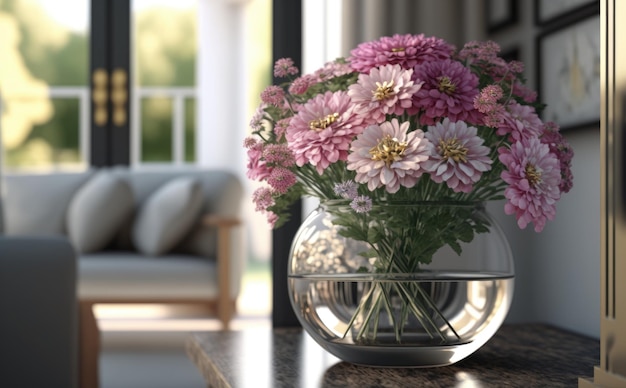 Un vaso di un bouquet di fiori rosa su un tavolo sullo sfondo del soggiorno ai generato