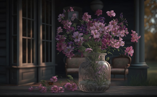 Un vaso di un bouquet di fiori rosa su un tavolo sullo sfondo del soggiorno ai generato