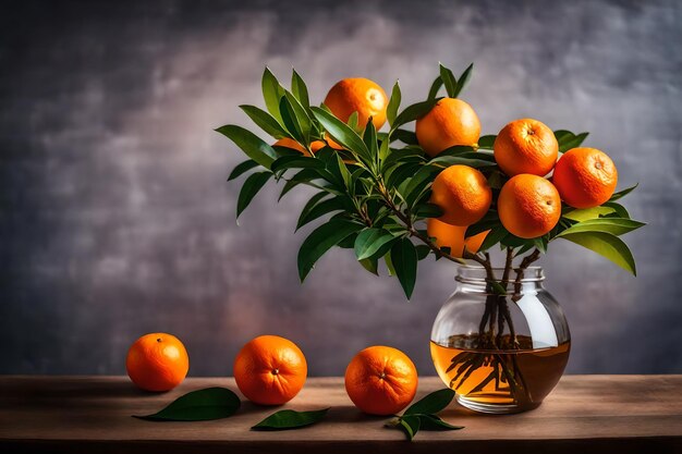 un vaso di vetro con arance e foglie su un tavolo