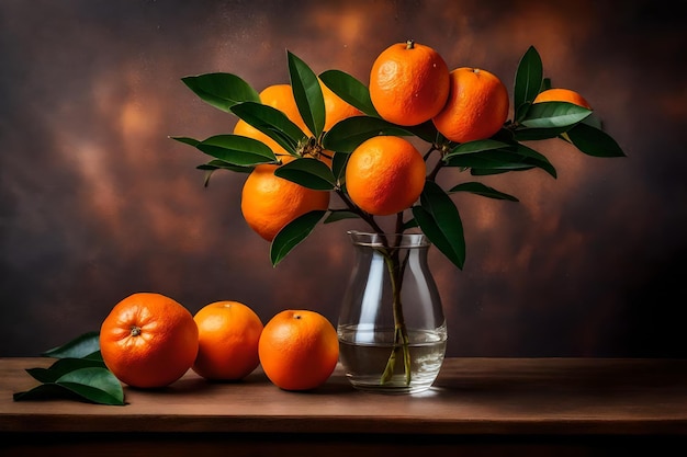 un vaso di vetro con arance e foglie su un tavolo