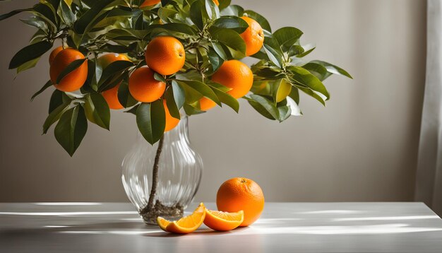 un vaso di vetro con arance e un ramo con un limone dentro