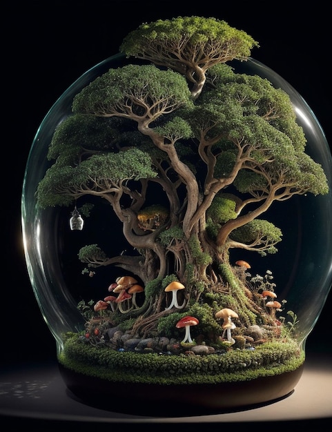Un vaso di vetro con un albero e una casa al suo interno