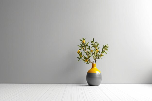 Un vaso giallo con dentro una pianta e uno sfondo bianco.