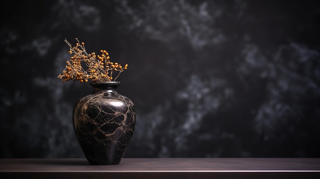 Un vaso in ceramica nera è posizionato su un tavolo di marmo con uno sfondo di marmo nero AI generativo