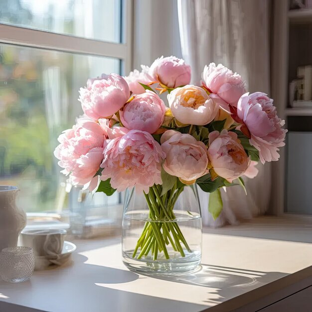 Un vaso pieno di fiori rosa seduto sopra un tavolo