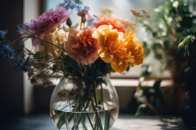 Un vaso pieno di fiori seduto in cima a un'immagine ai generativa del tavolo