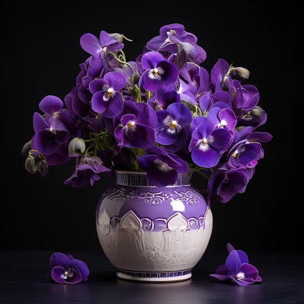 Un vaso pieno di fiori viola sopra un tavolo