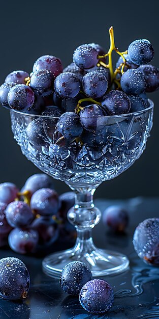 Un vaso pieno di uva viola fresca un vaso da bere sul tavolo