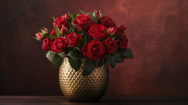 Un vaso stupendo pieno di rose rosse vibranti si trova su un tavolo di legno