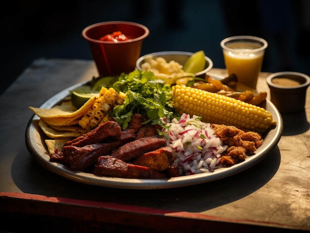 Un vassoio con cibo di strada messicano su Mexico Street Cucina nazionale close-up bokeh sullo sfondo