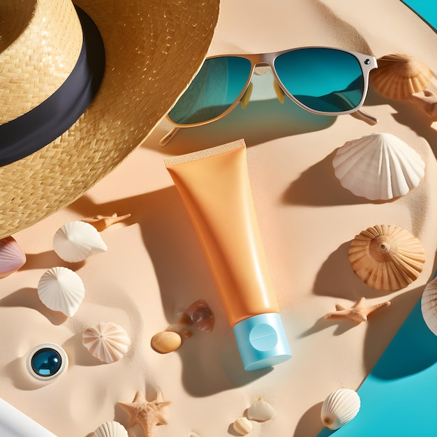 Un vassoio con un cappello da sole, occhiali da sole e una bottiglia di abbronzatura sopra.