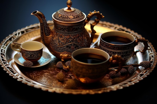Un vassoio con un vassoio di tè e tazze di caffè.